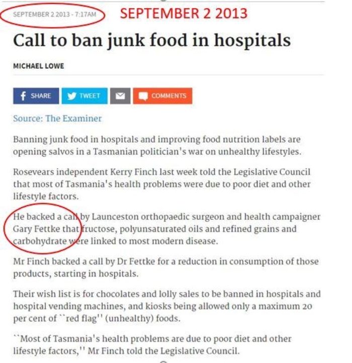 Sept 2013 Gary Fettke Calls For Ban Of Junk Food